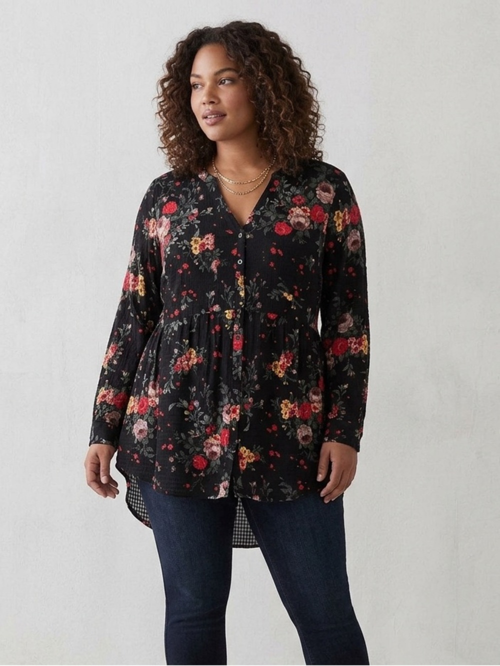 torrid Black Floral V-Neck Button-Front Tunic Top